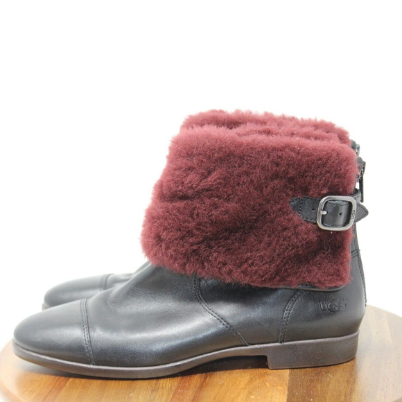 UGG Australia Women's Black Leather Burgundy Sheepskin Foldover Boots‎ Size 7.5 - Picture 5 of 12